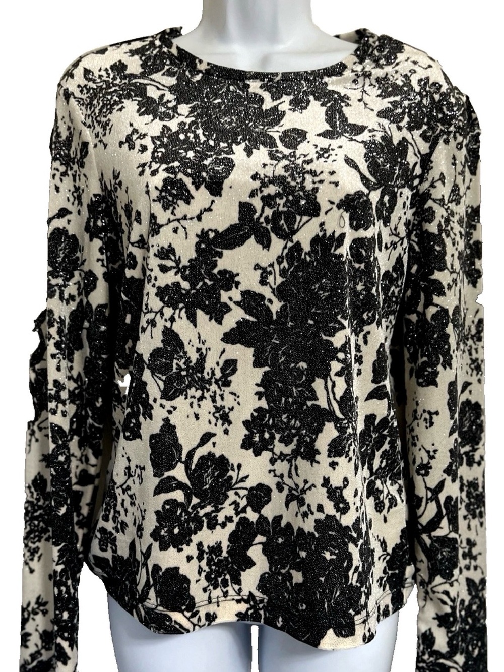 White Stag Size S 4/6 black Ivory Floral Print with Shimmer Long Sleeve Top New